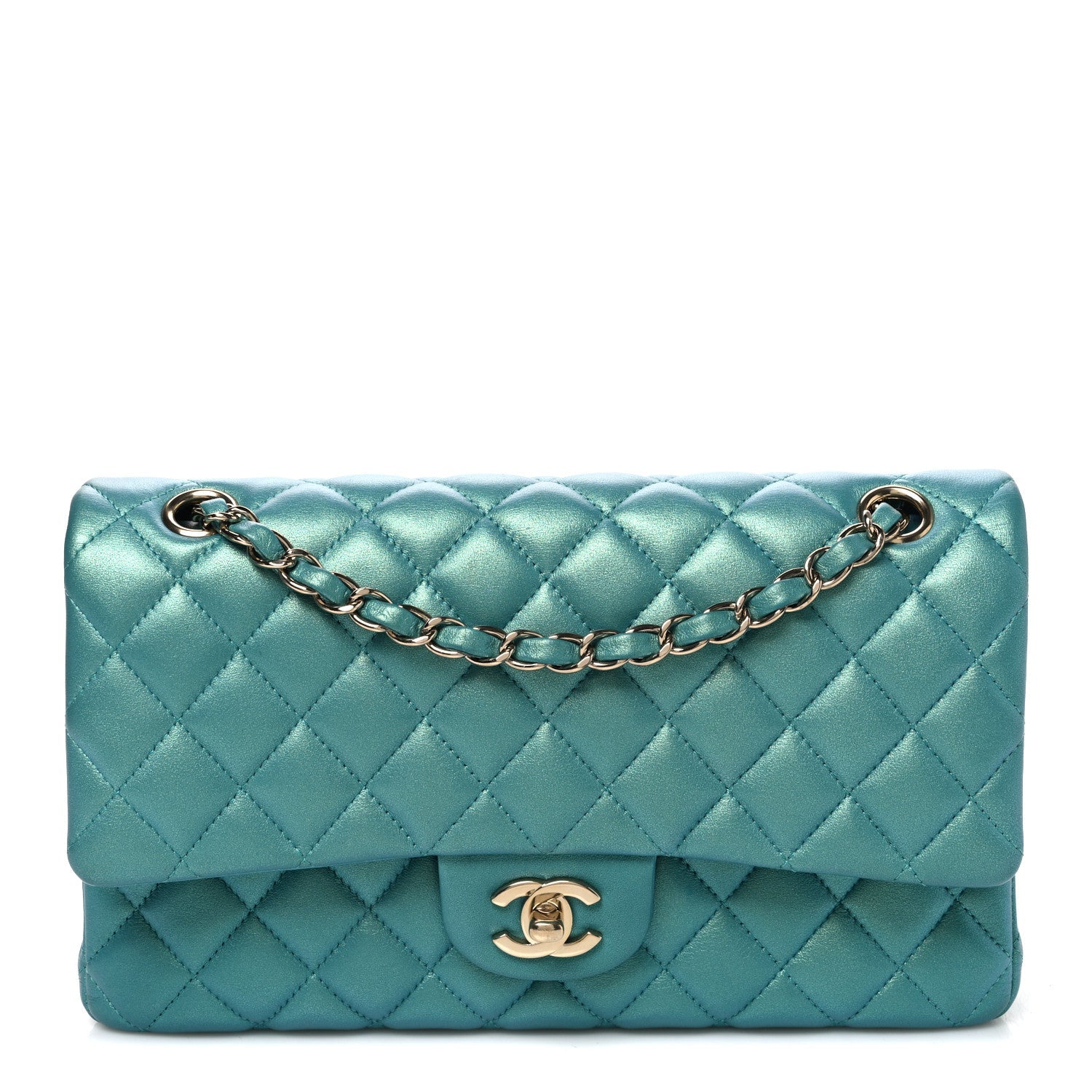 Iridescent Caviar Quilted Medium Double Flap Green