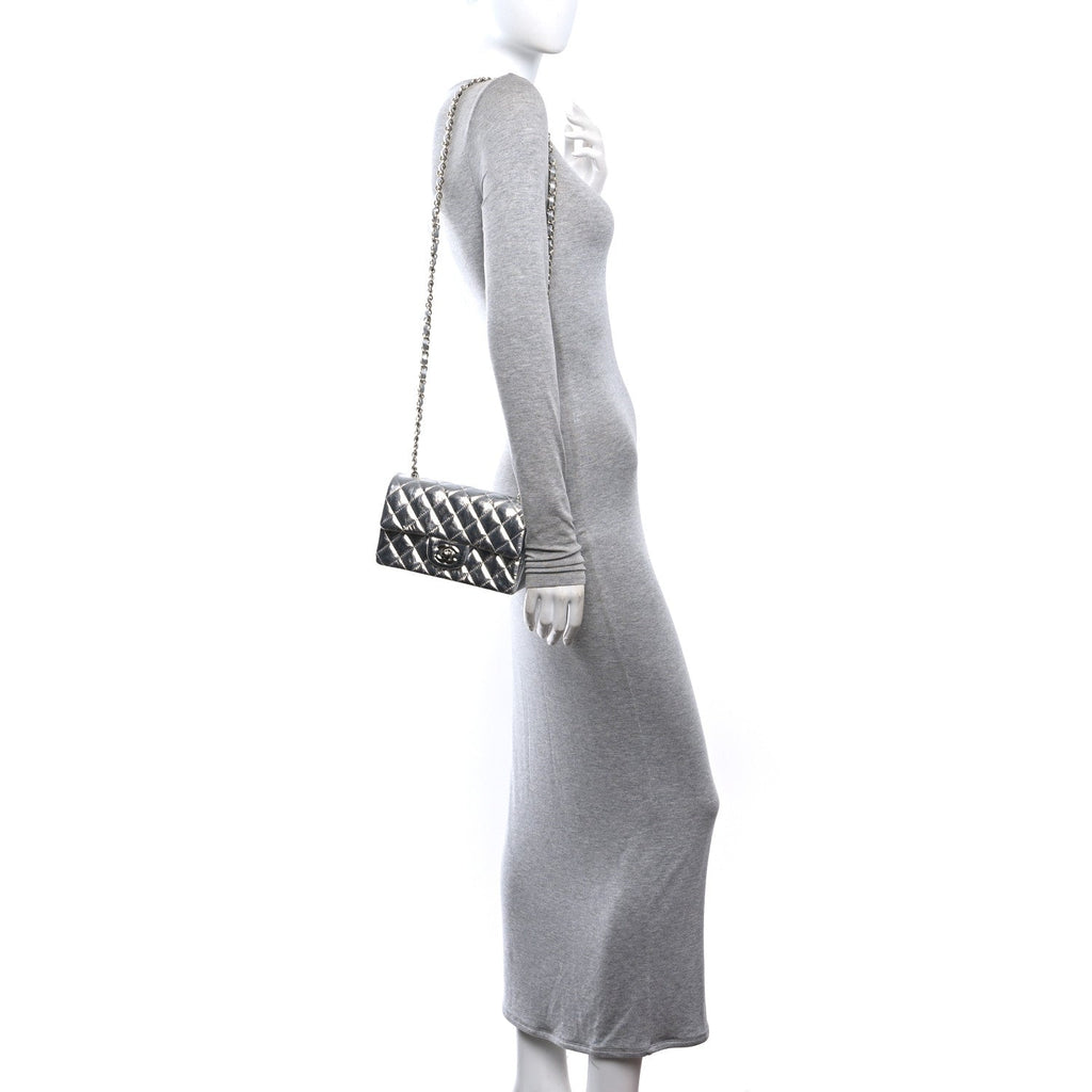 Hammered Metallic Calfskin Quilted Small Double Flap Silver