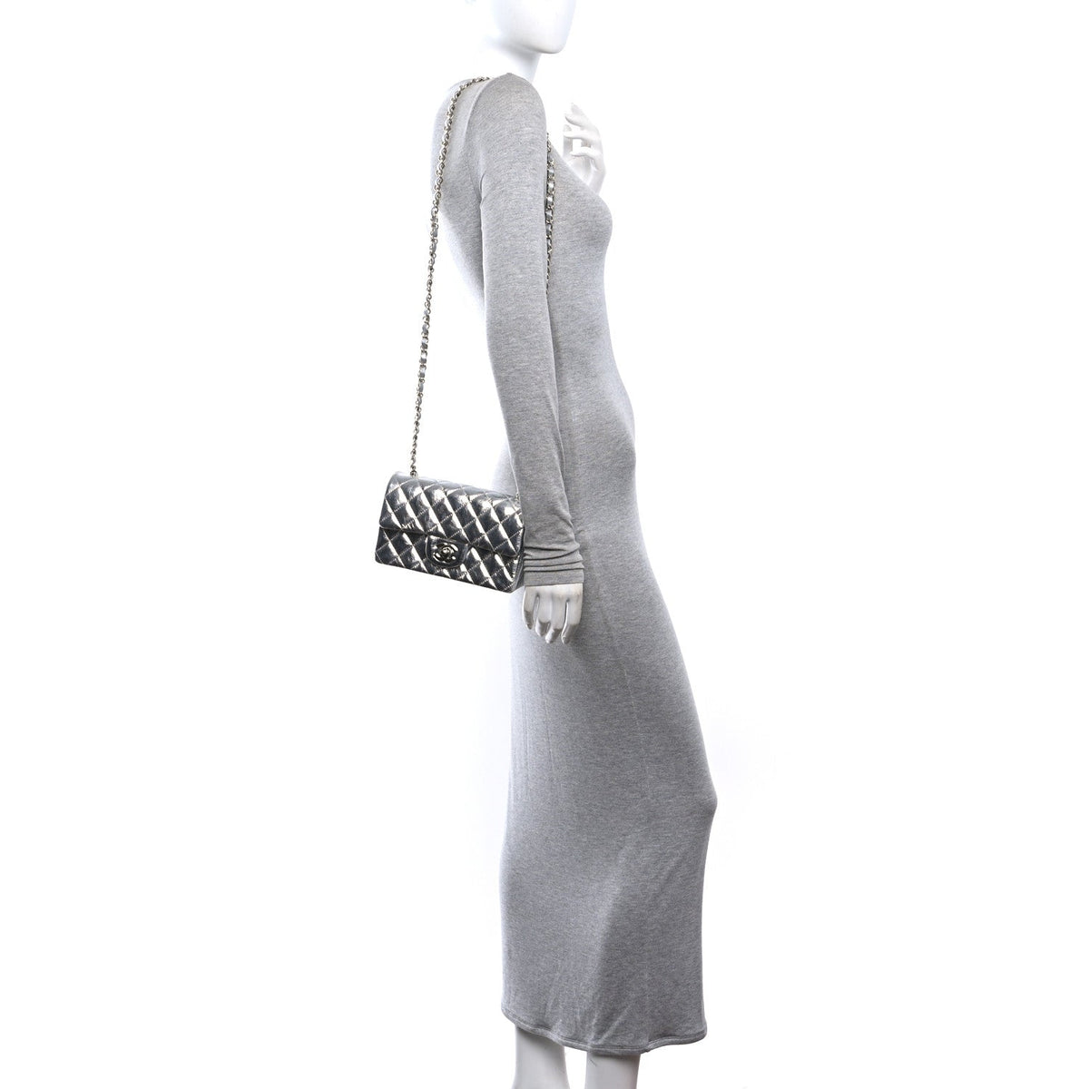 Hammered Metallic Calfskin Quilted Small Double Flap Silver
