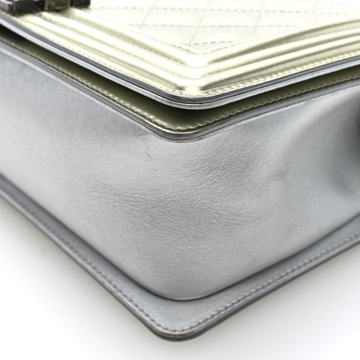 Metallic Patent Calfskin Quilted Medium Boy Flap Silver
