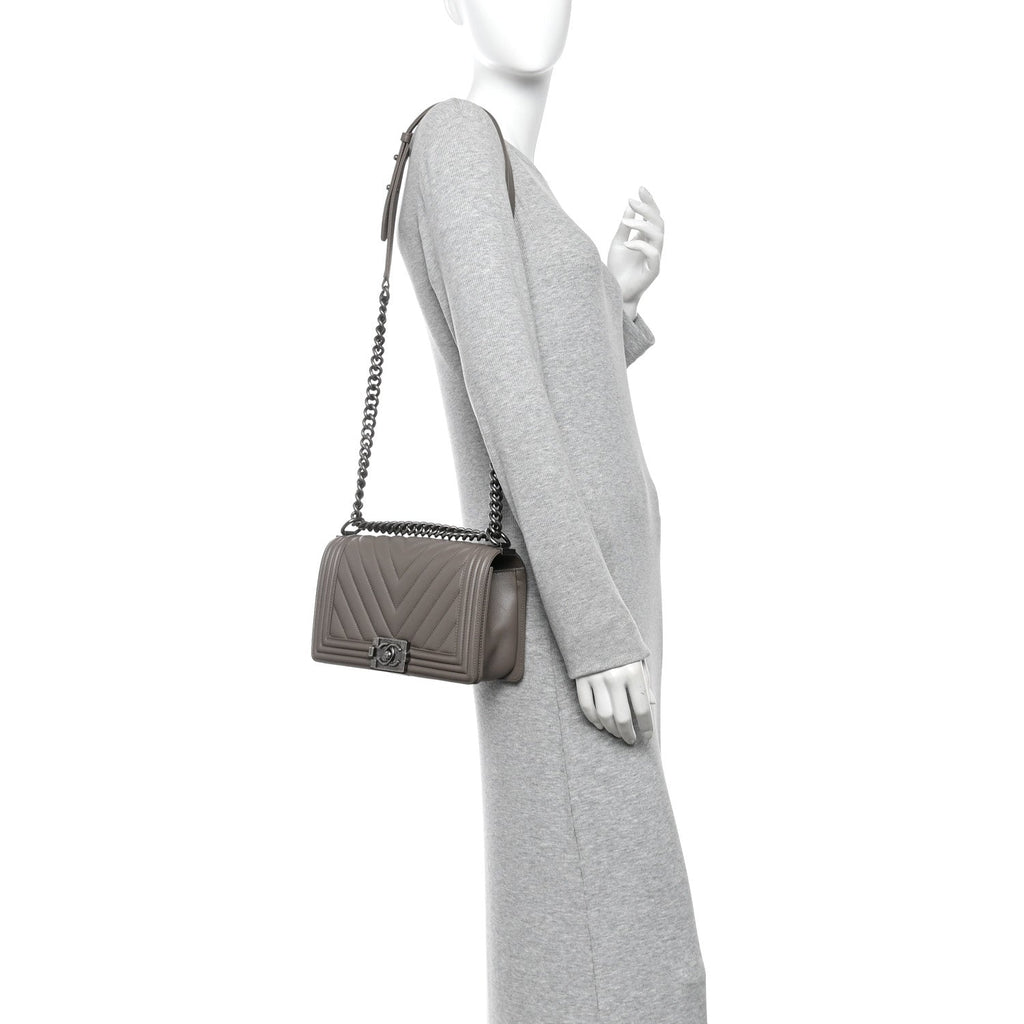 Calfskin Chevron Quilted Medium Boy Flap Grey
