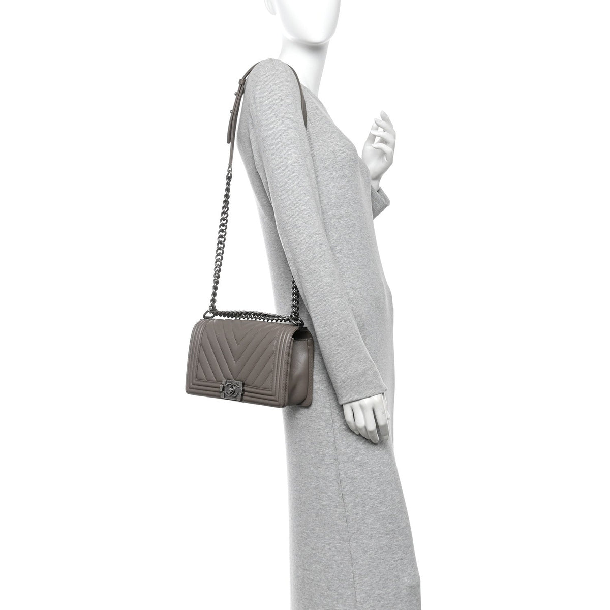 Calfskin Chevron Quilted Medium Boy Flap Grey