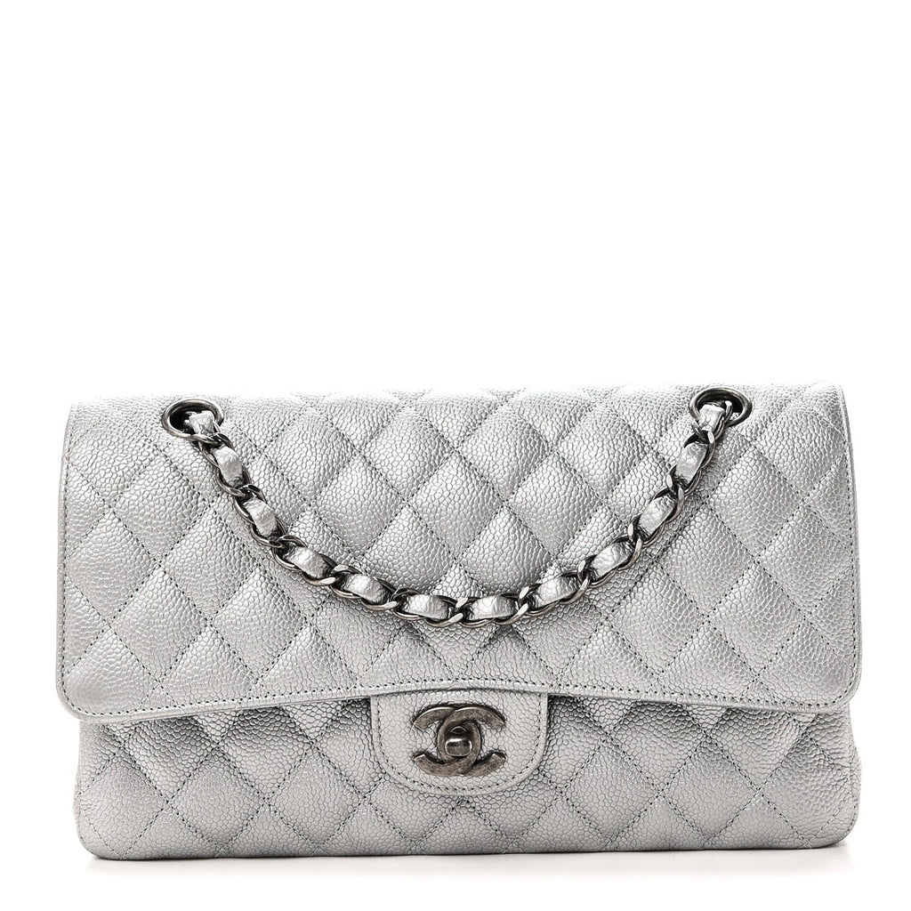 Metallic Caviar Quilted Medium Double Flap Silvery