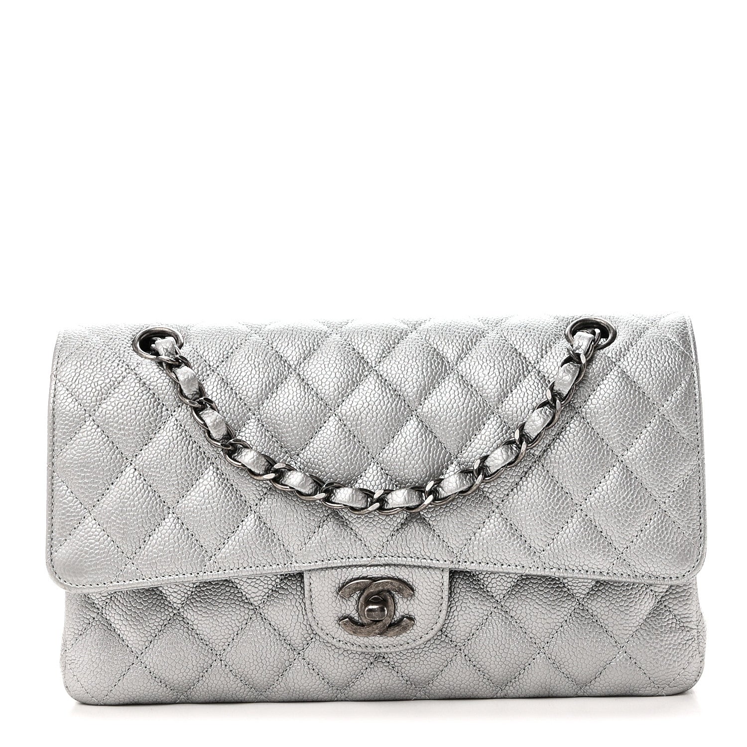 Metallic Caviar Quilted Medium Double Flap Silvery
