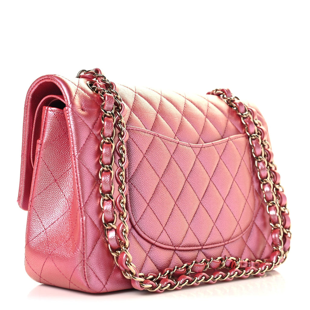 Iridescent Caviar Quilted Medium Double Flap Dark Pink