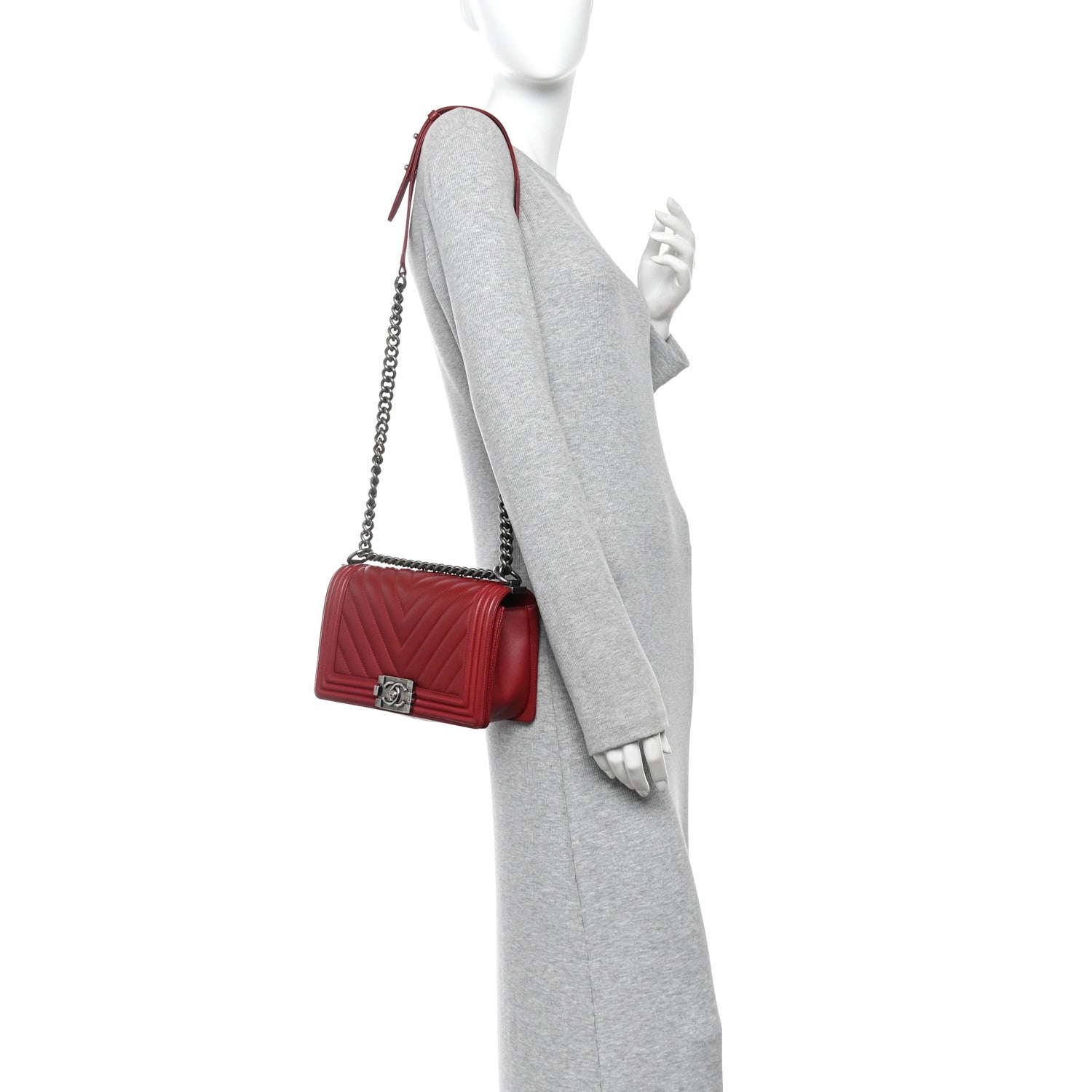 Calfskin Chevron Quilted Medium Boy Flap  Dark Red