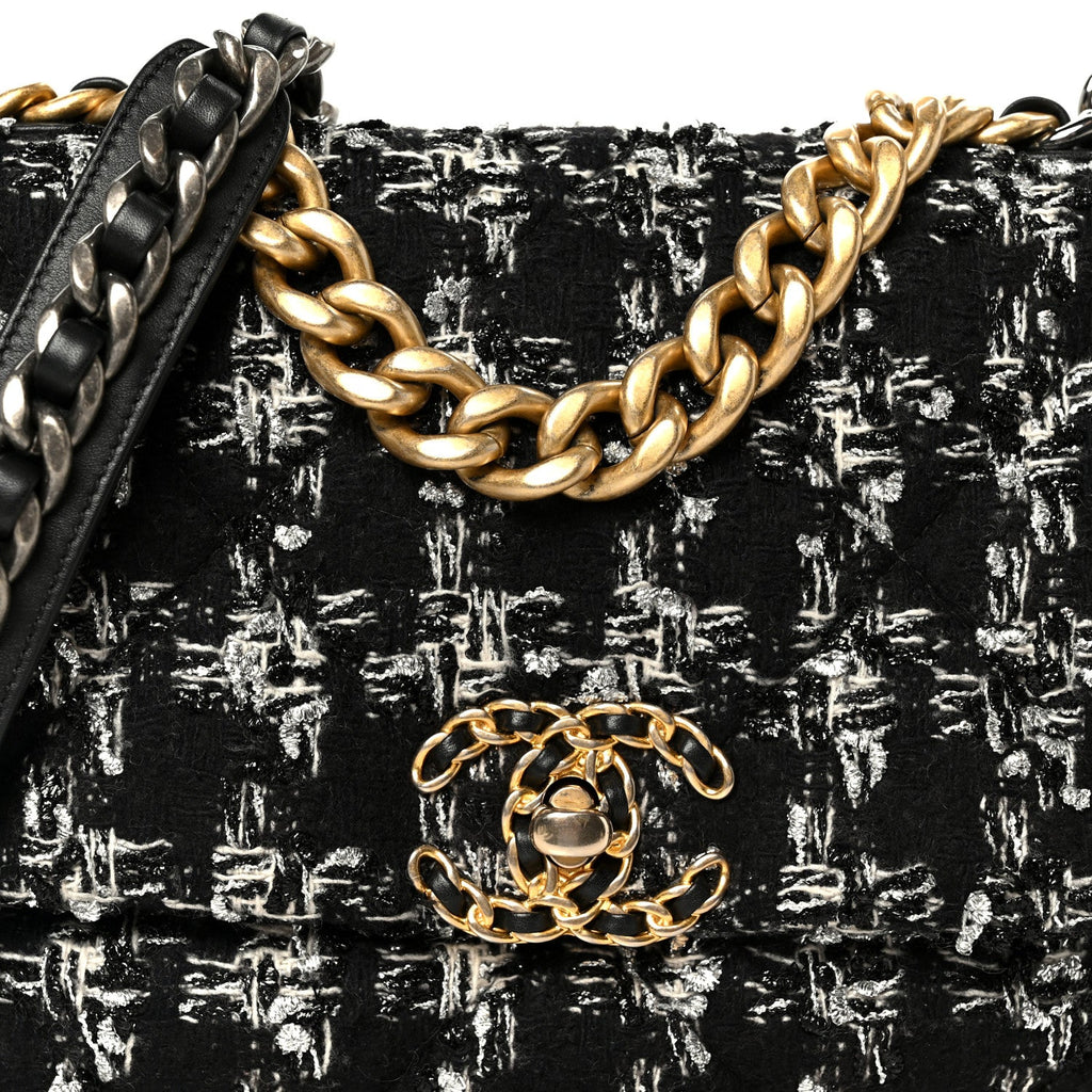 Tweed Quilted Medium Chanel 19 Flap Black Silver Ecru