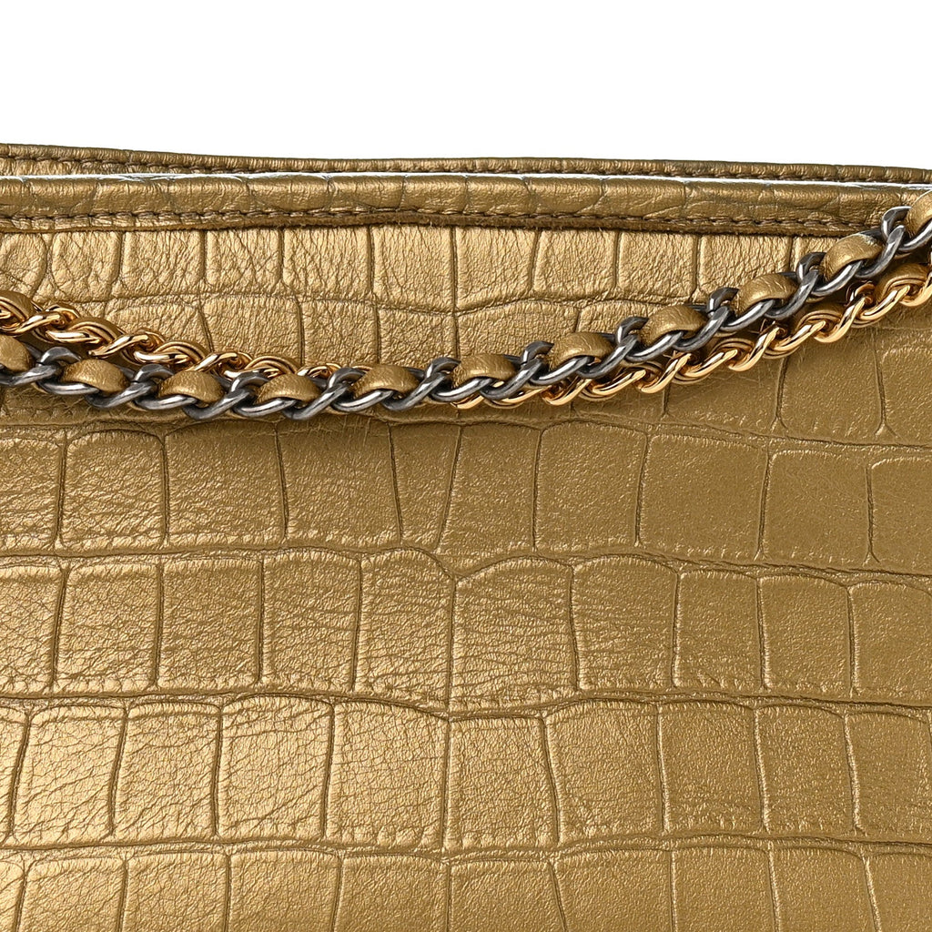 Metallic Calfskin Crocodile Embossed Medium Gabrielle Cocodile Hobo Gold