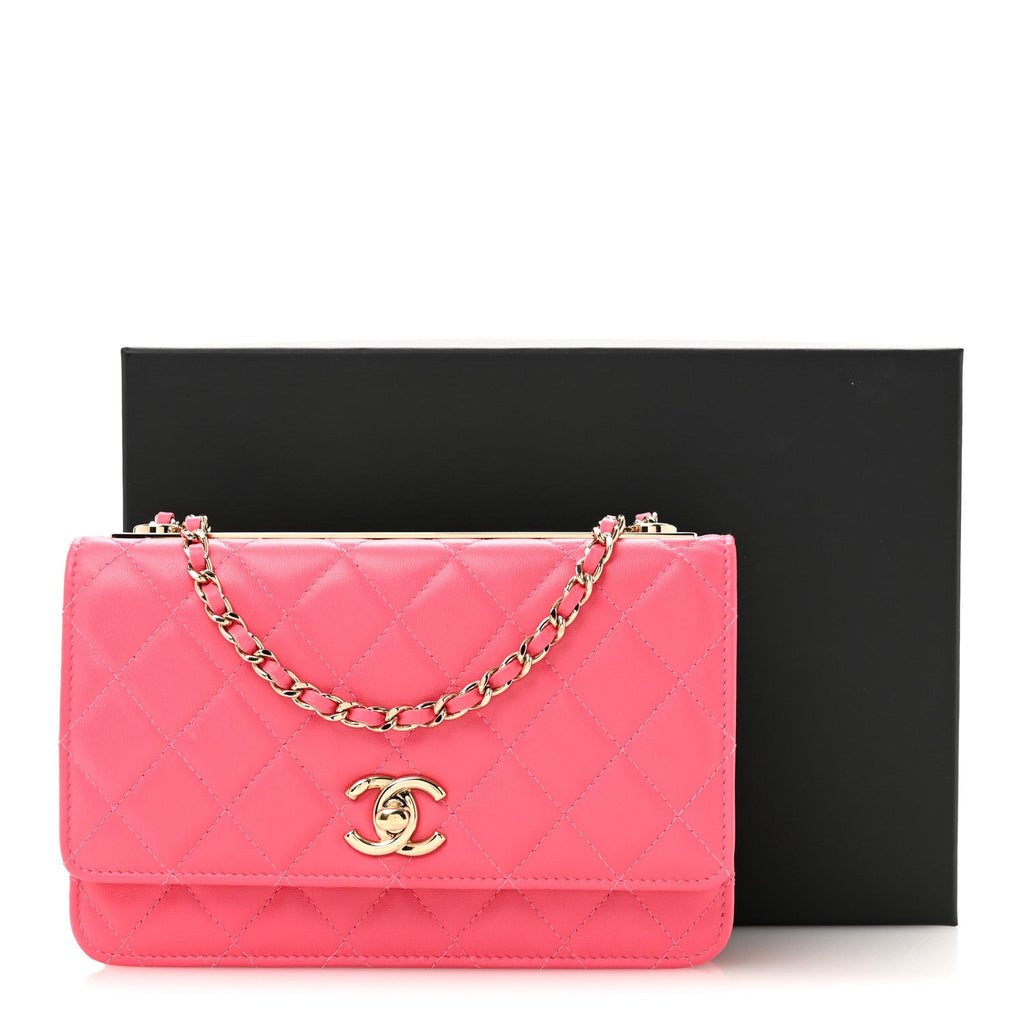 Lambskin Quilted Trendy CC Wallet On Chain WOC Pink