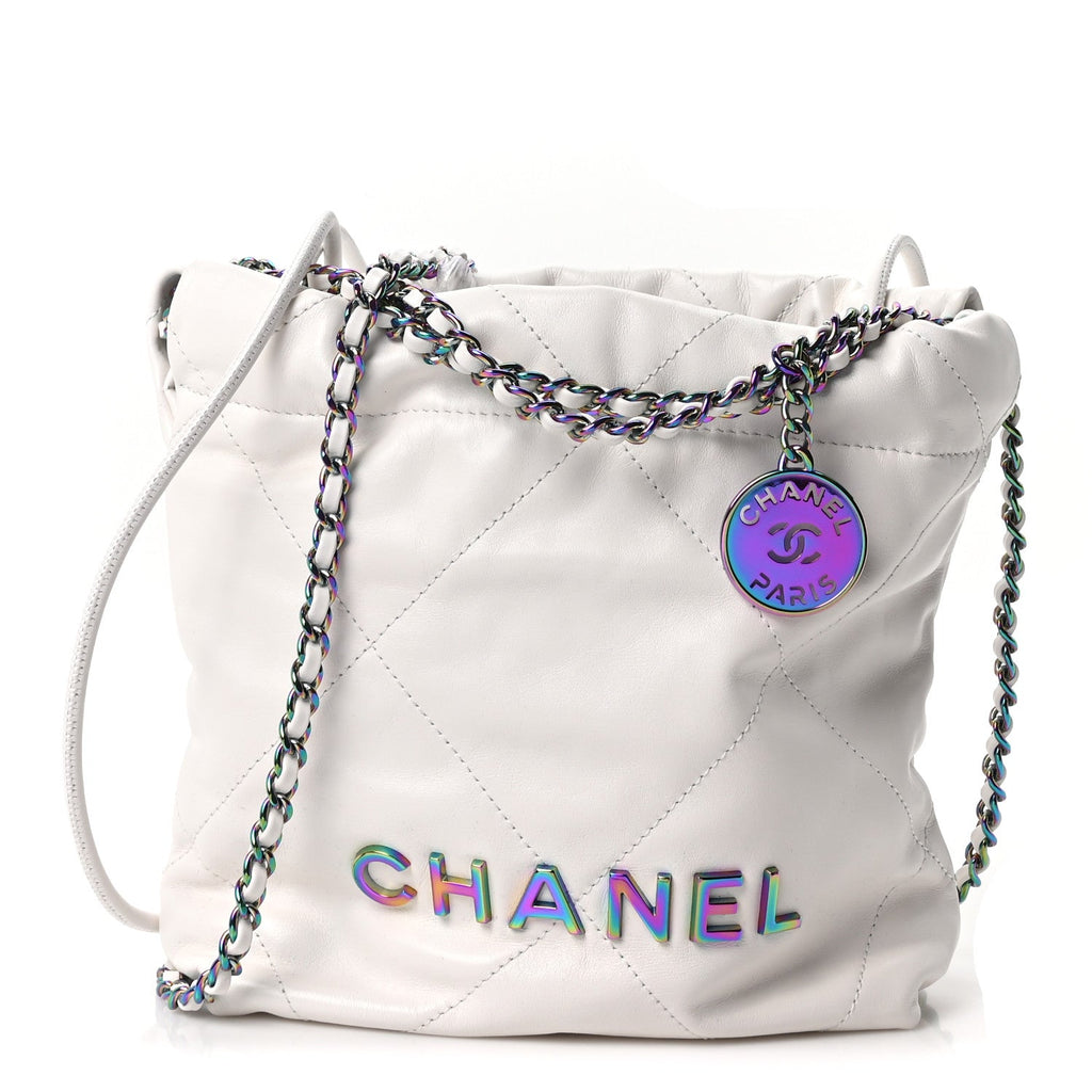Shiny Calfskin Quilted Rainbow Mini Chanel 22 White