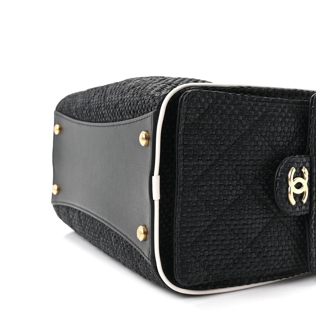 Braided Raffia Calfskin Quilted Small Chanel 25 Handbag Black White