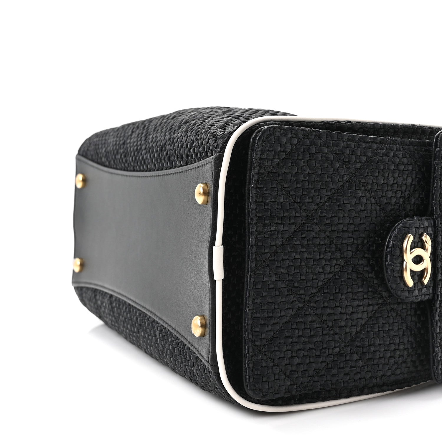 Braided Raffia Calfskin Quilted Small Chanel 25 Handbag Black White