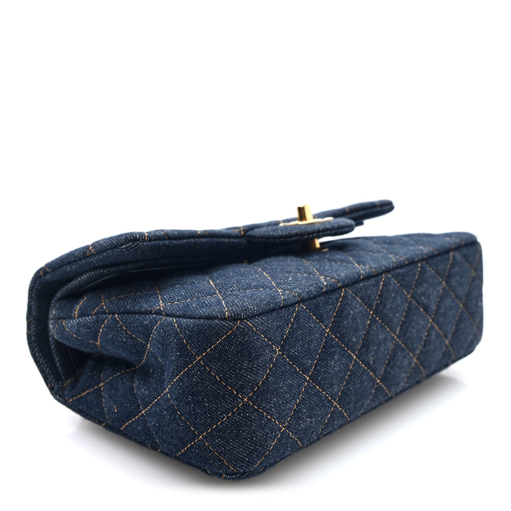 Denim Quilted Small Double Flap Dark Blue Orange