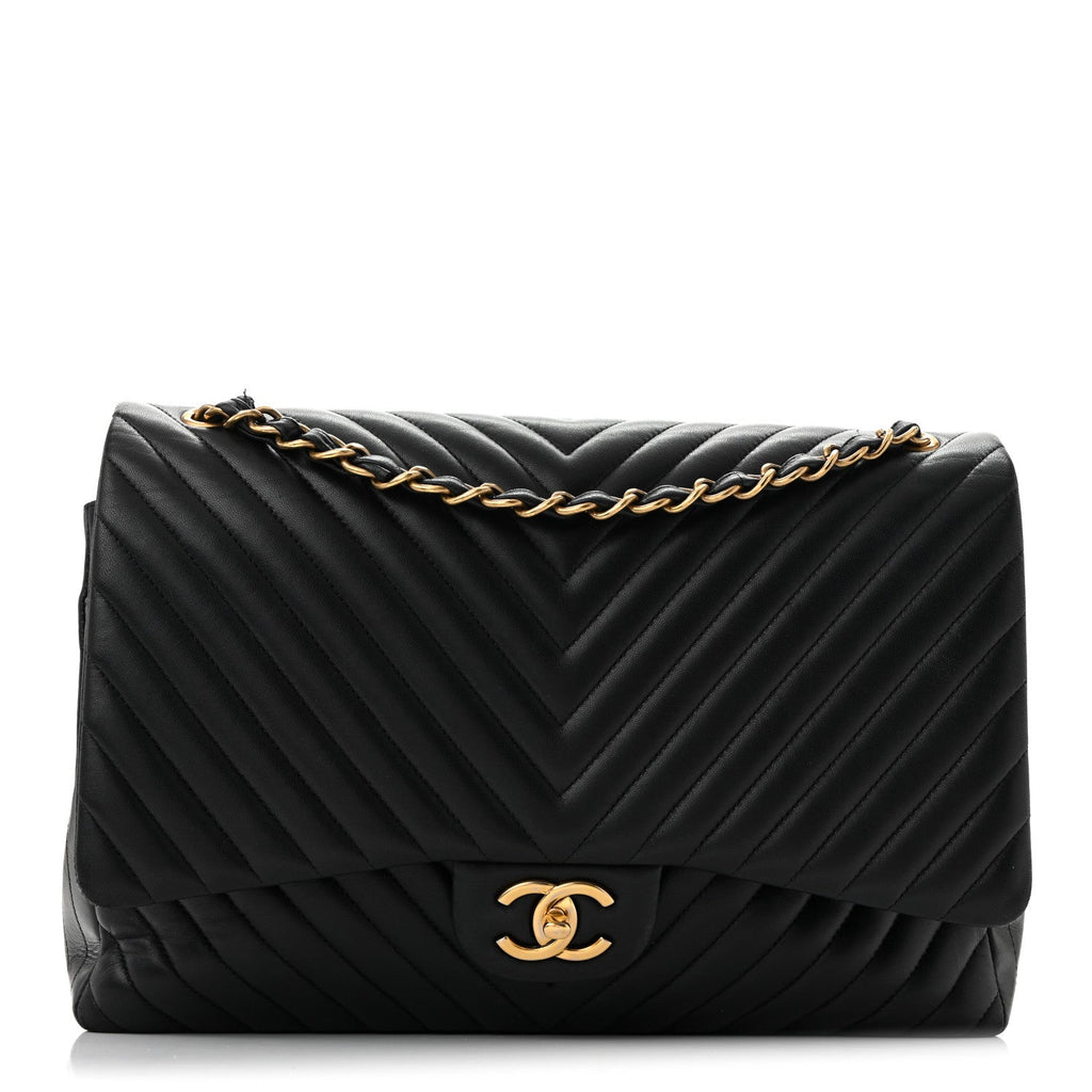 Lambskin Chevron Quilted Maxi Double Flap Black