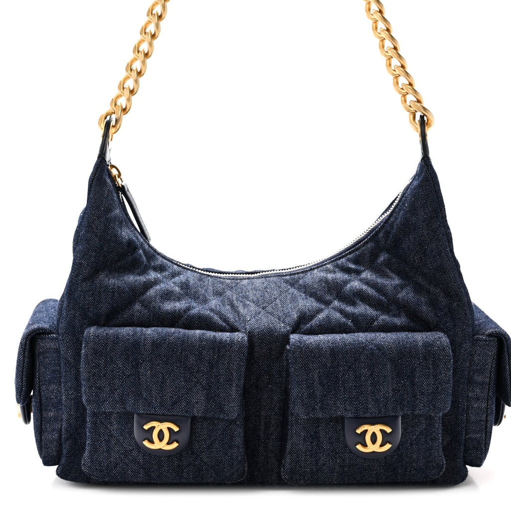 Washed Denim Quilted Large Trendy Pockets Hobo Dark Blue