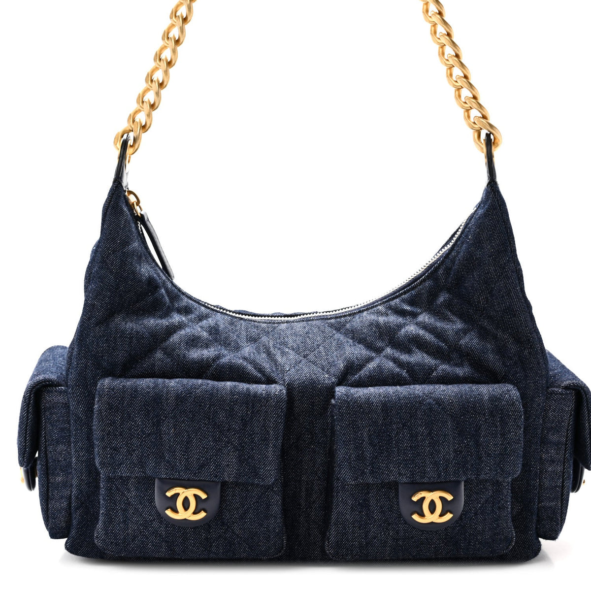 Washed Denim Quilted Large Trendy Pockets Hobo Dark Blue