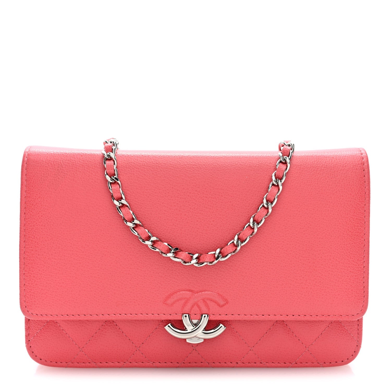 Grained Calfskin Quilted CC Box Wallet On Chain WOC Pink