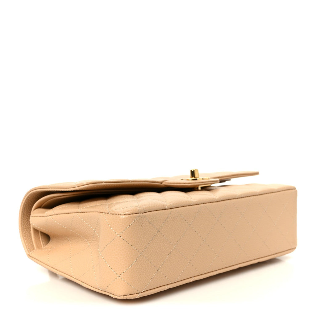 Caviar Quilted Medium Double Flap Beige
