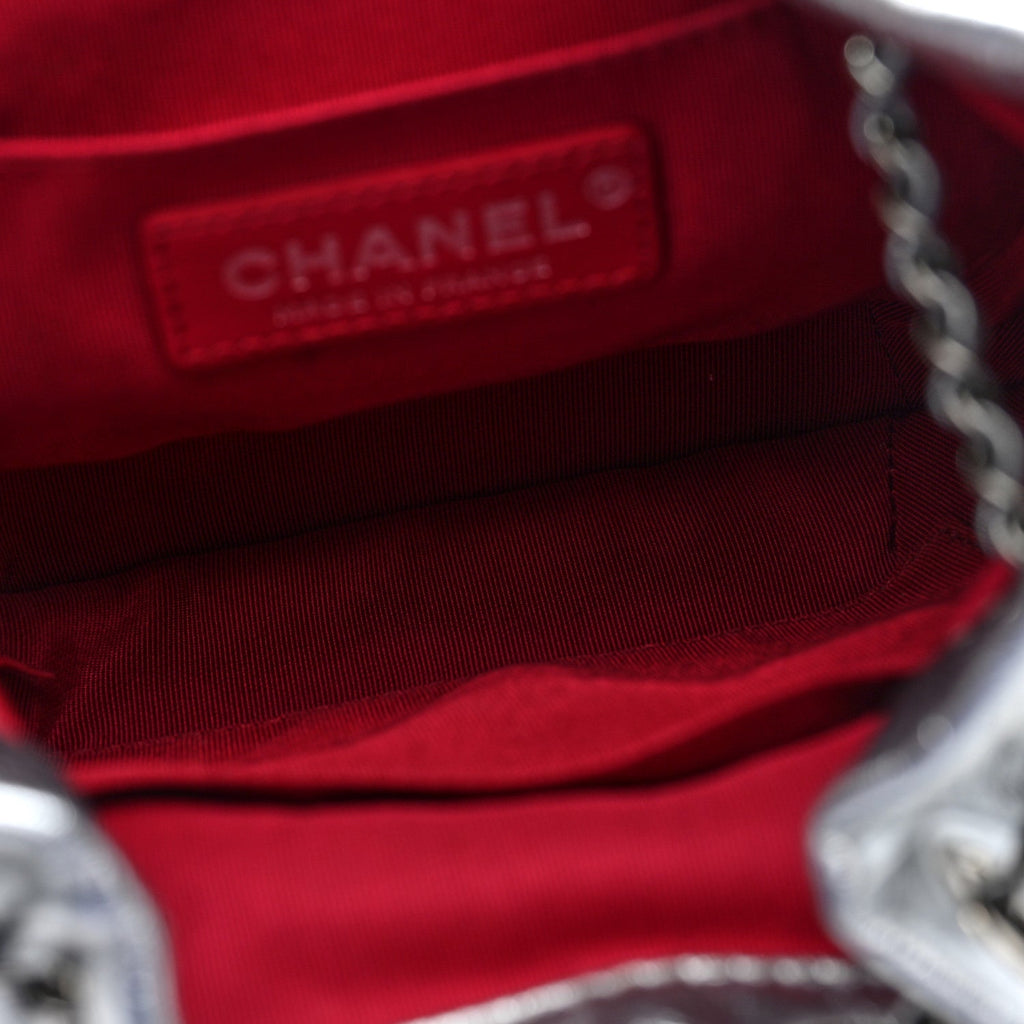 Metallic Aged Calfskin Quilted Small Gabrielle Bucket Silver