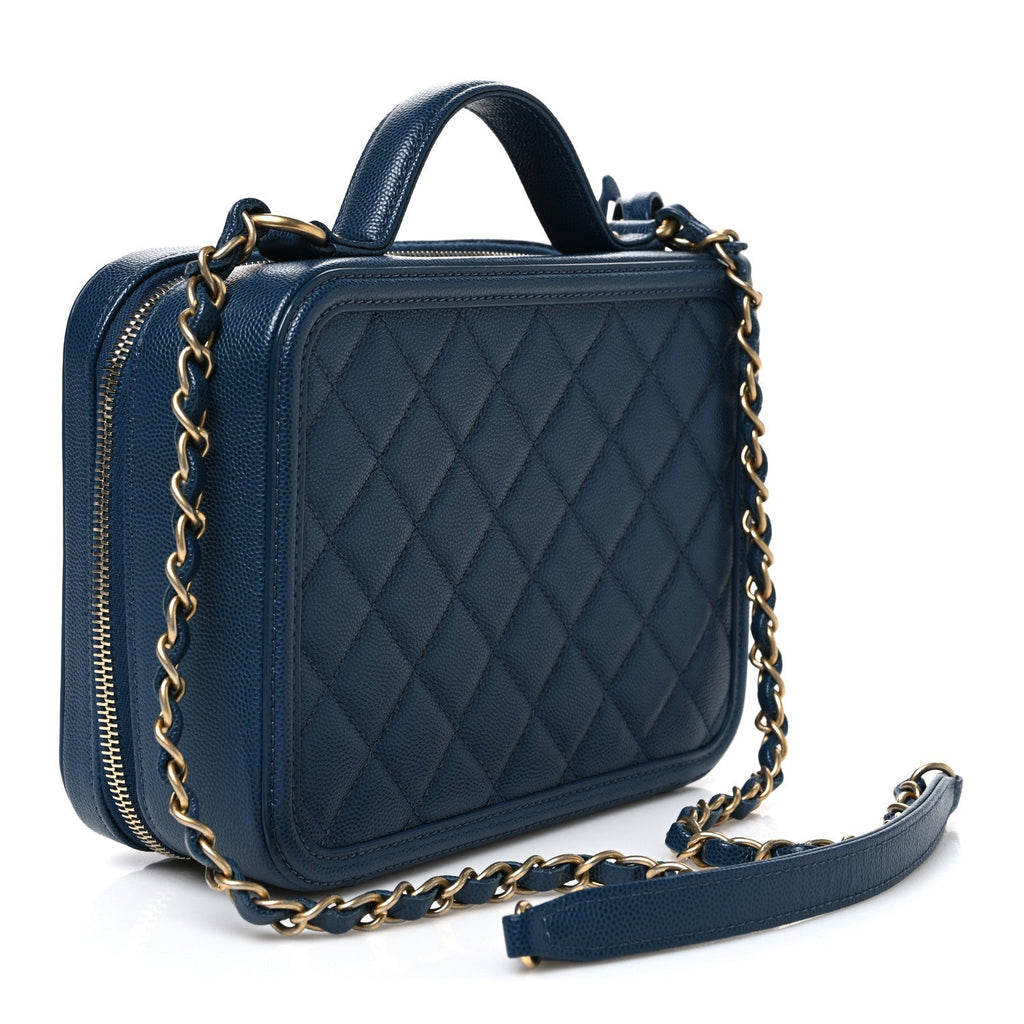 Caviar Quilted Medium CC Filigree Vanity Case Dark Blue