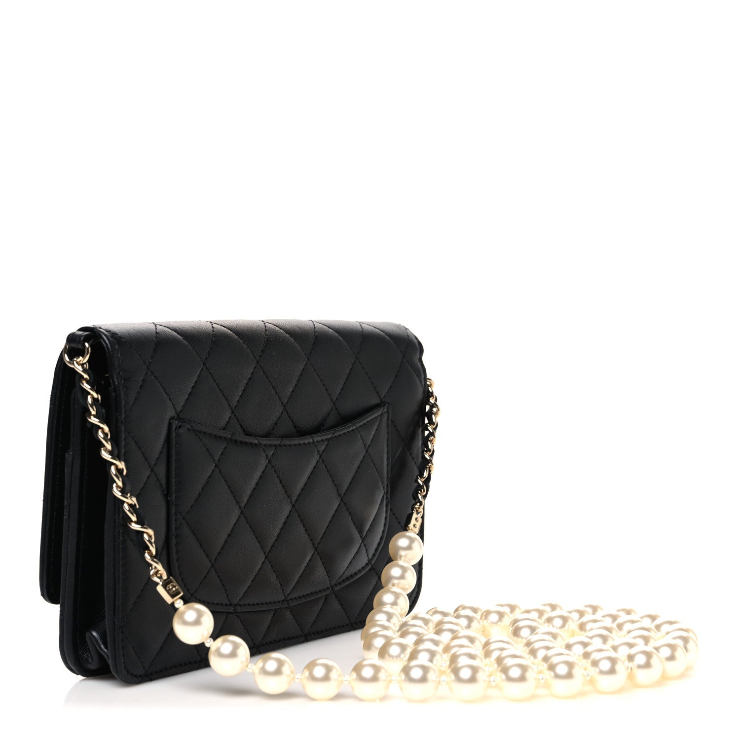 Lambskin Quilted Pearl Wallet On Chain WOC Black