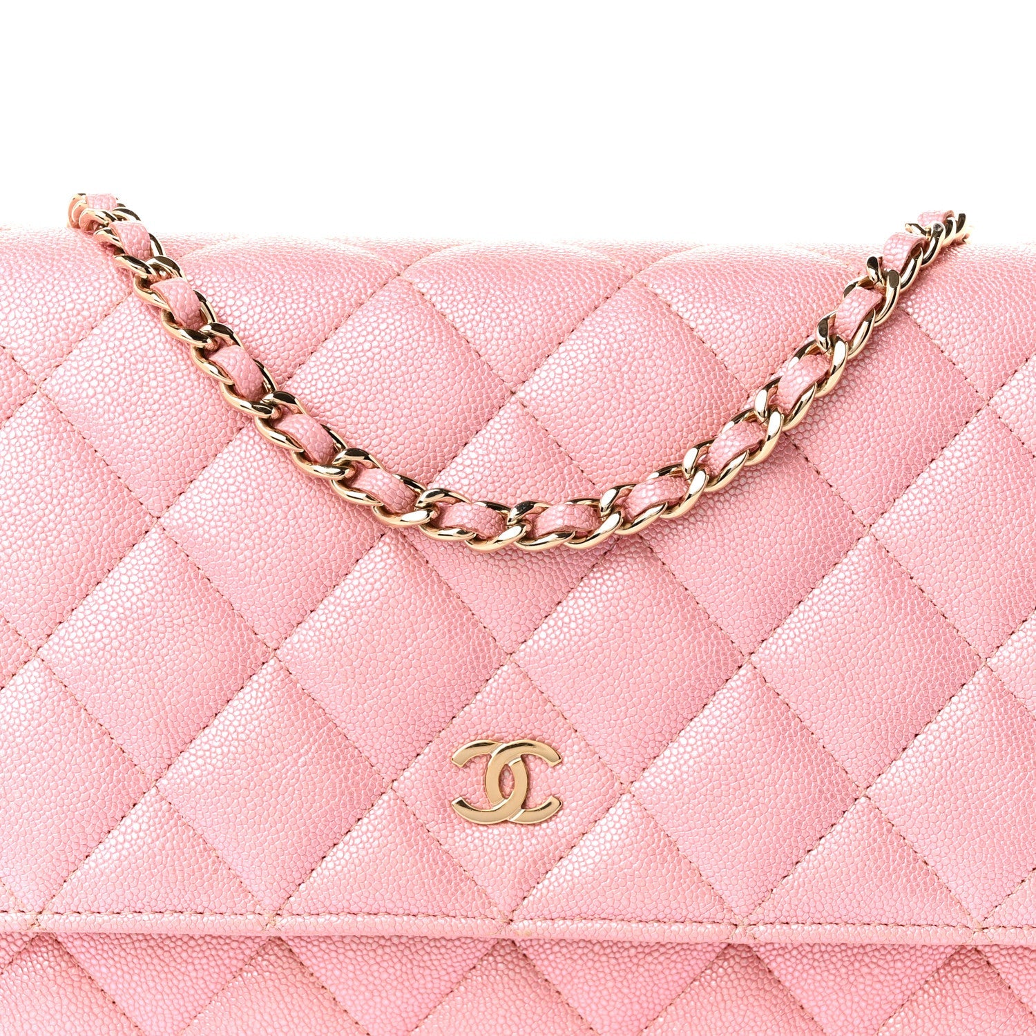 Iridescent Caviar Quilted Wallet on Chain WOC Rose Pink