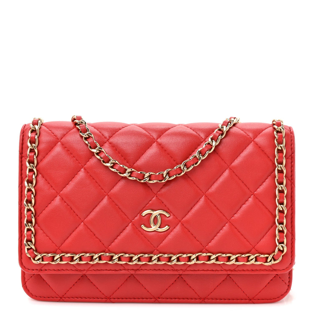 Lambskin Quilted Chain Around Wallet On Chain WOC Red