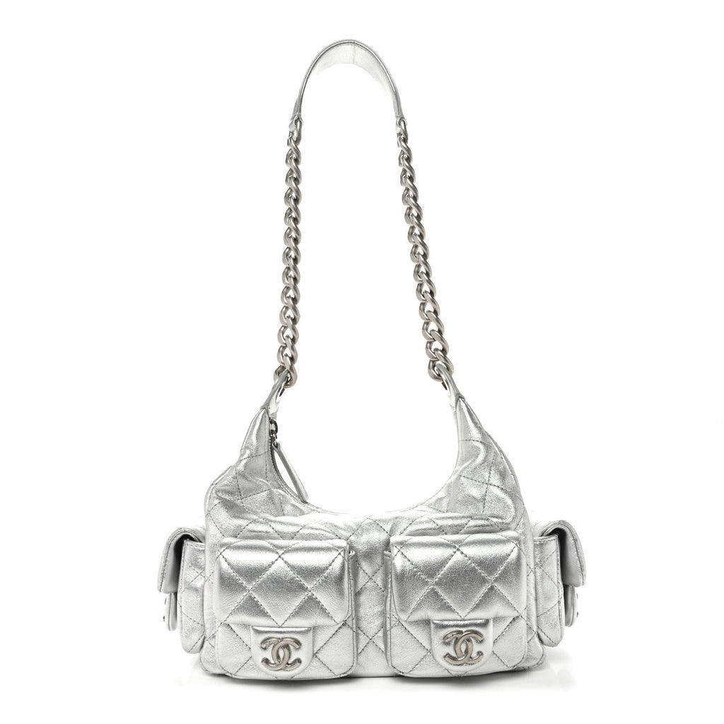Metallic Lambskin Quilted Trendy Pockets Hobo Silver