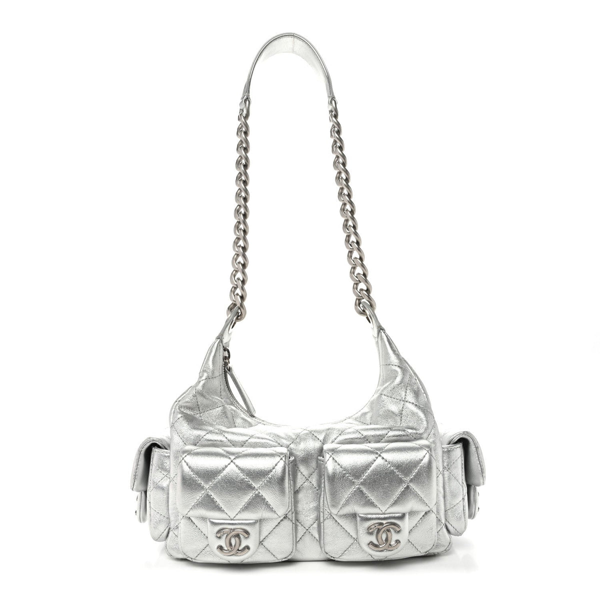 Metallic Lambskin Quilted Trendy Pockets Hobo Silver
