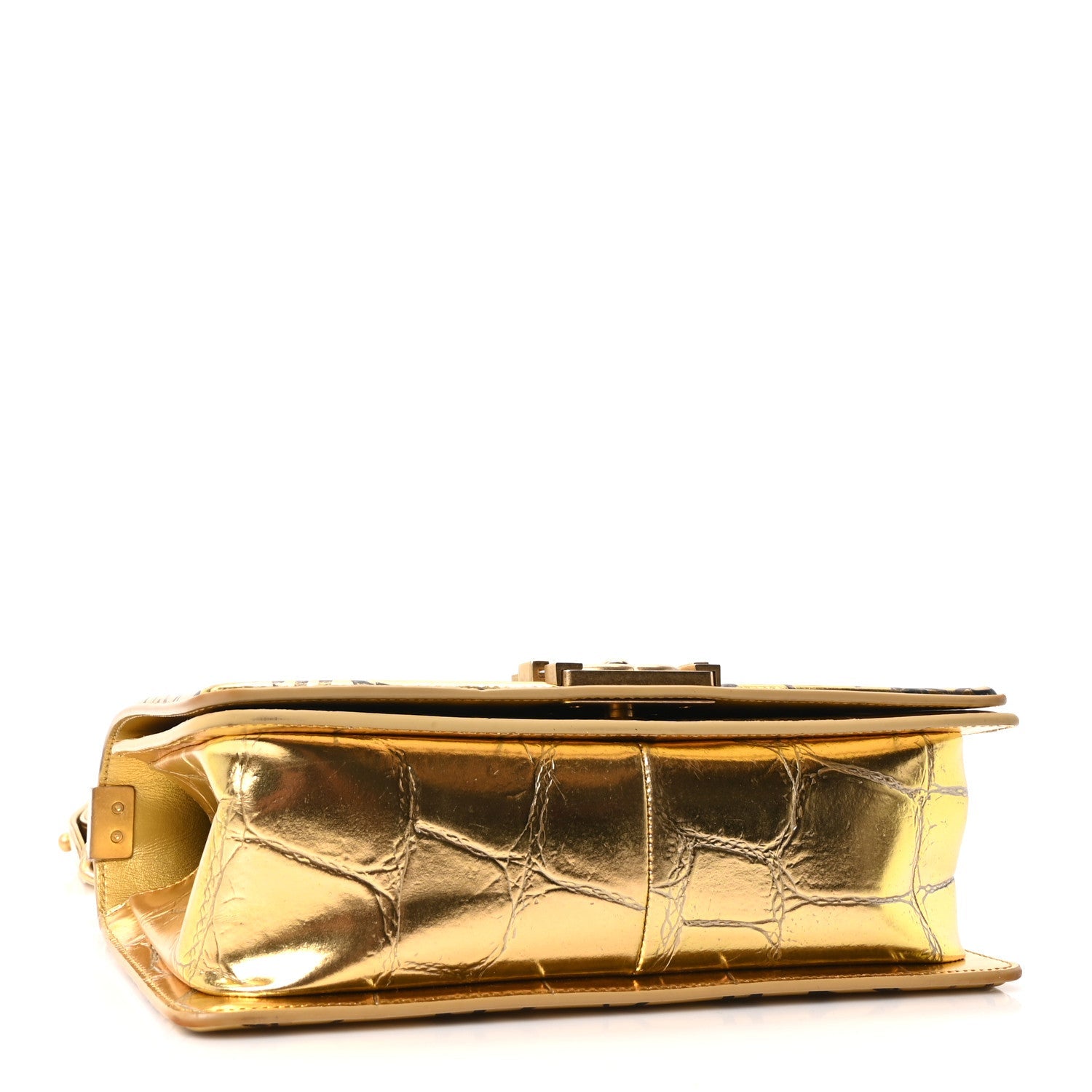 Metallic Calfskin Crocodile Embossed Graffiti Medium Cocodile Boy Flap Gold
