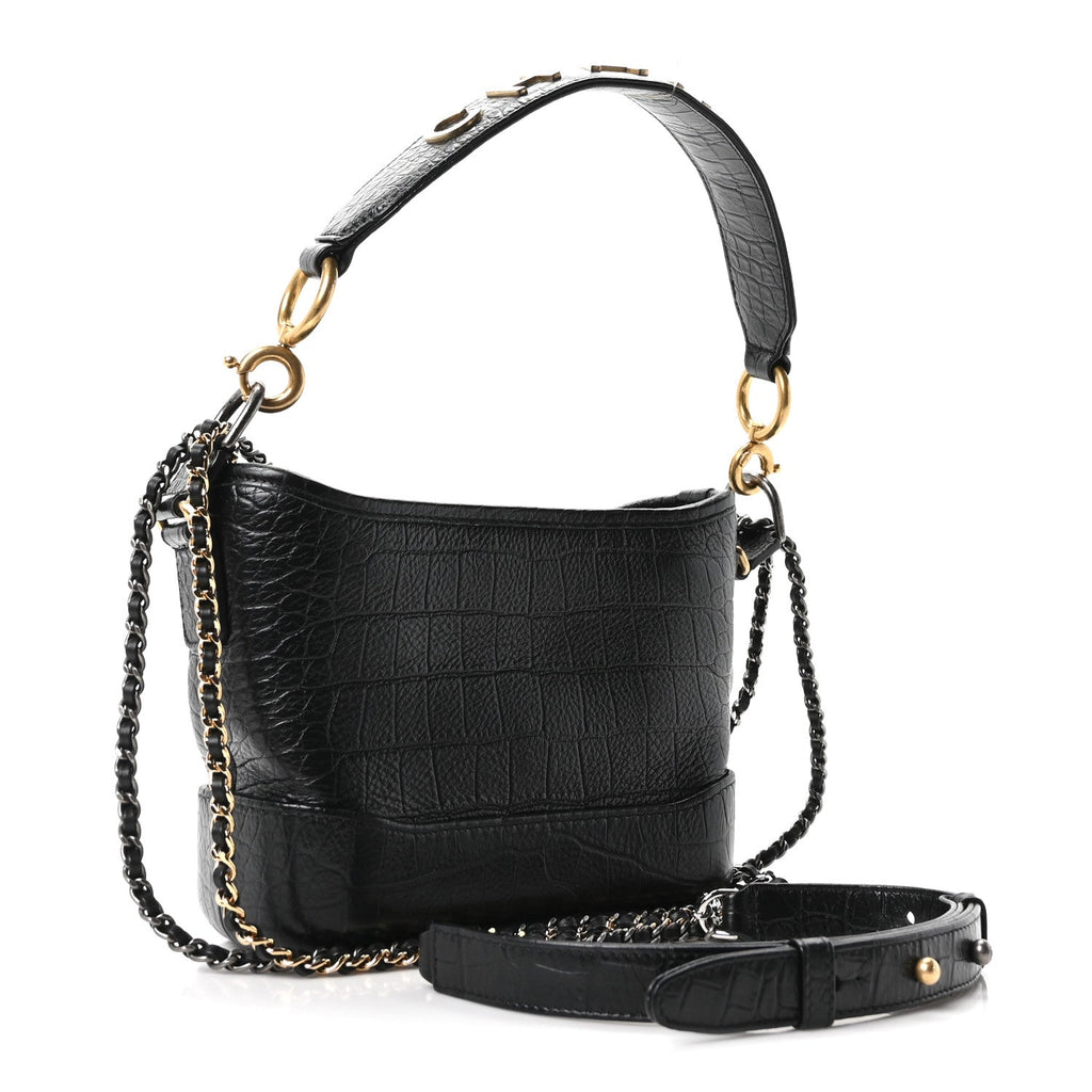 Calfskin Crocodile Embossed Small Gabrielle Cocodile Hobo Black