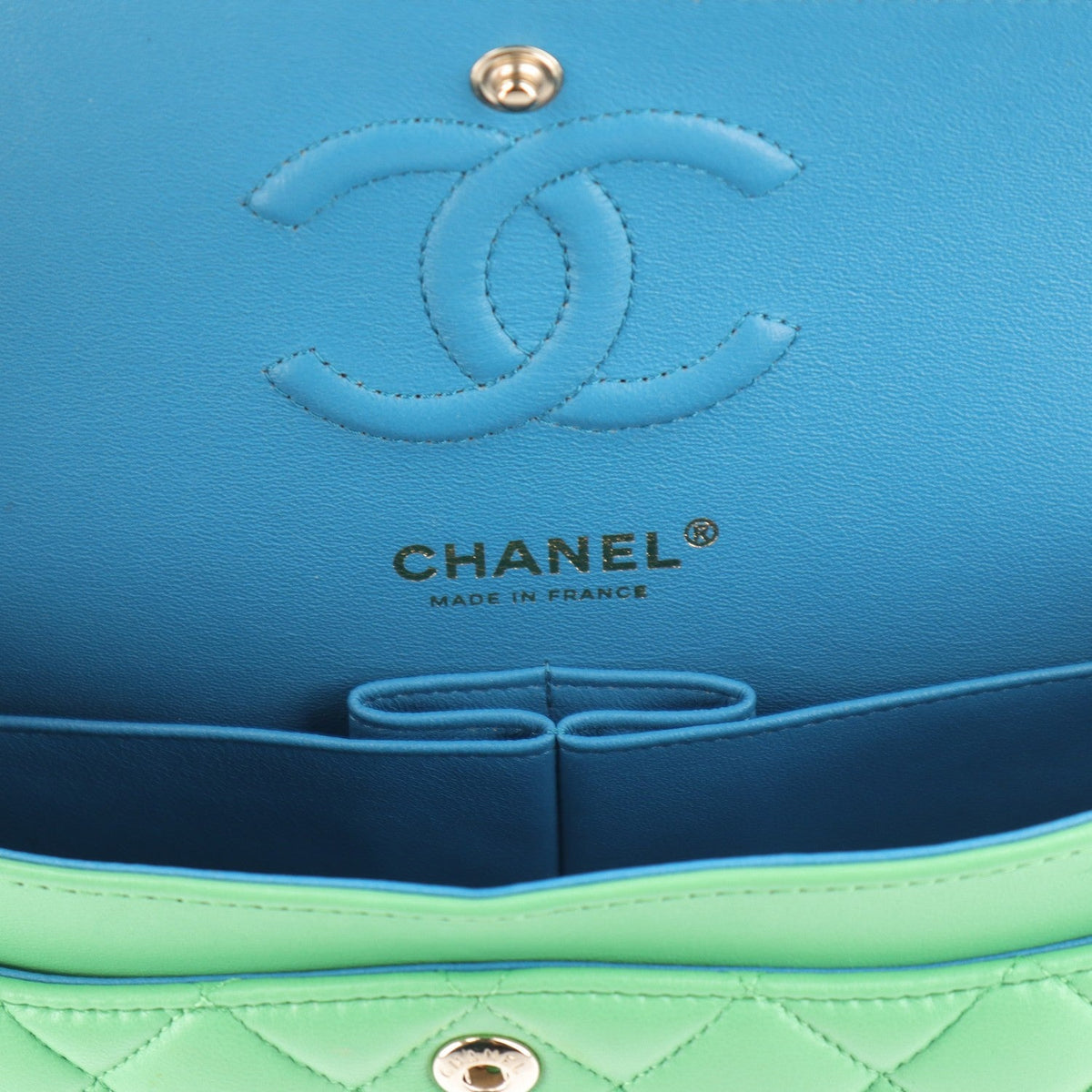 Lambskin Quilted Small Double Flap Green Blue