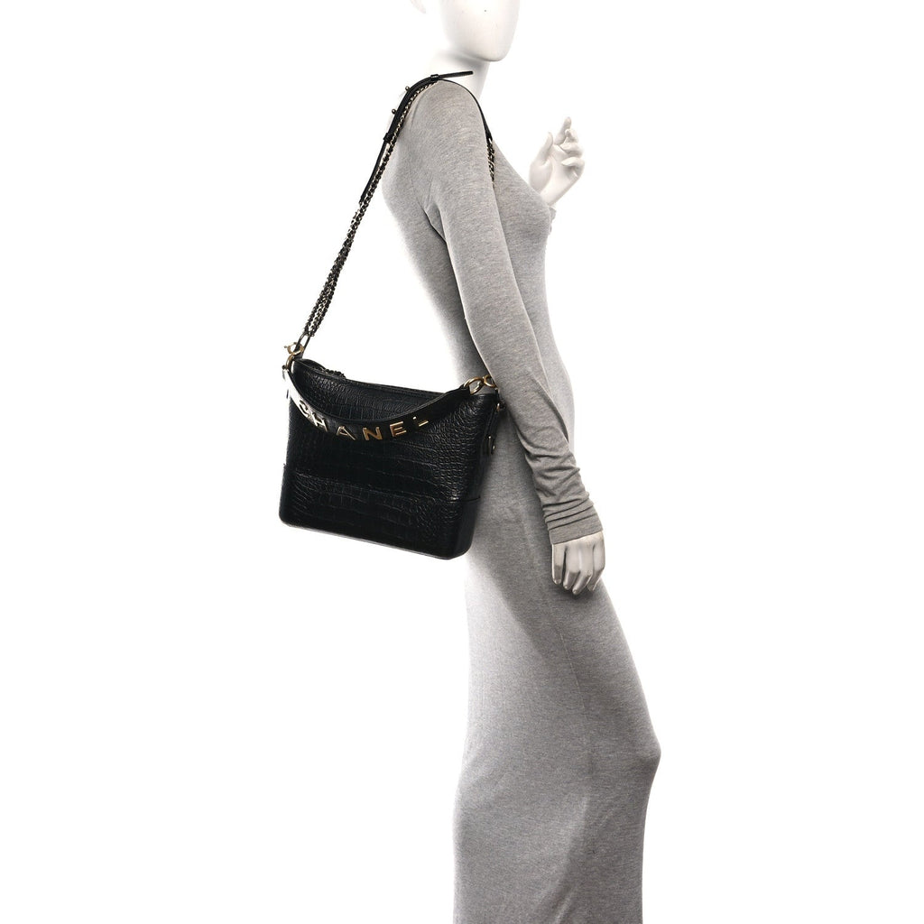 Crocodile Embossed Calfskin Medium Gabrielle Cocodile Hobo Black
