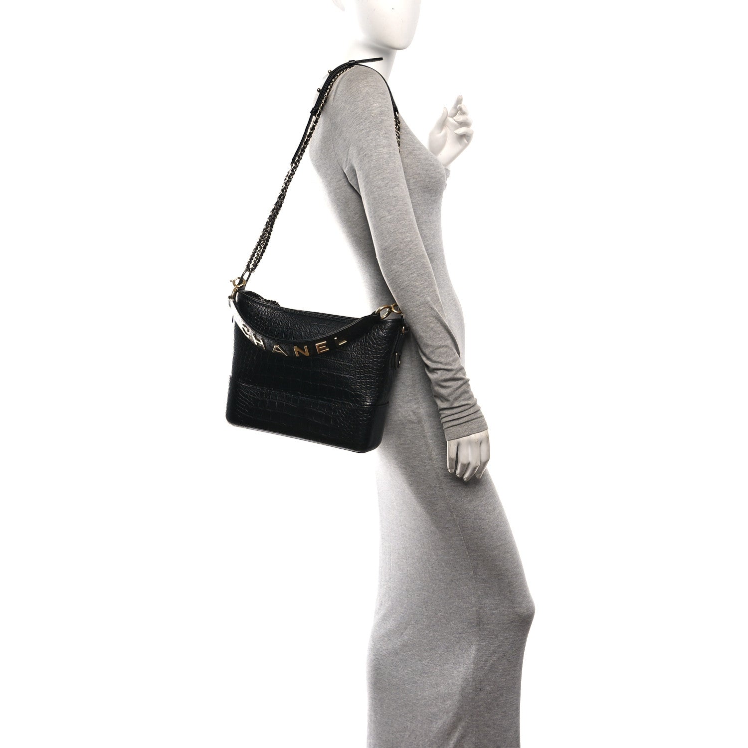 Crocodile Embossed Calfskin Medium Gabrielle Cocodile Hobo Black