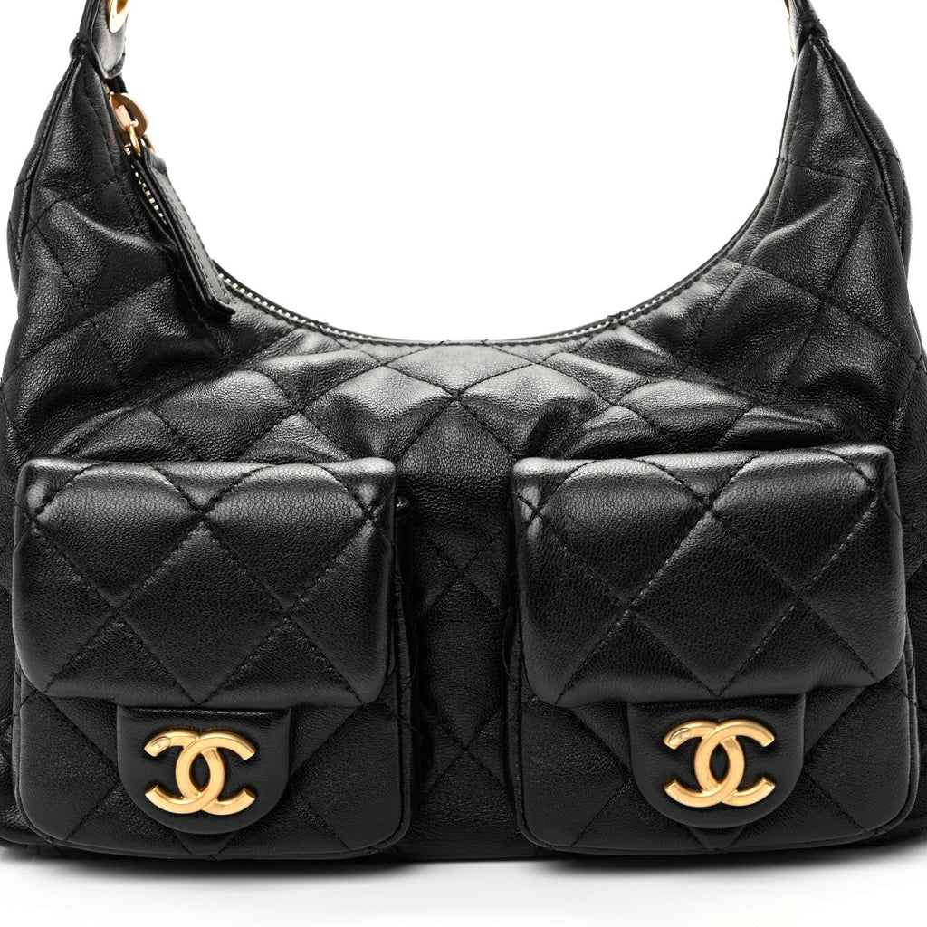 Shiny Lambskin Quilted Trendy Pockets Hobo Black
