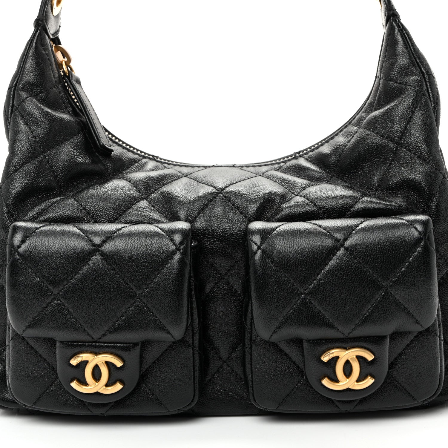 Shiny Lambskin Quilted Trendy Pockets Hobo Black