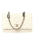 Shiny Caviar Quilted Flap Charm Wallet On Chain WOC White