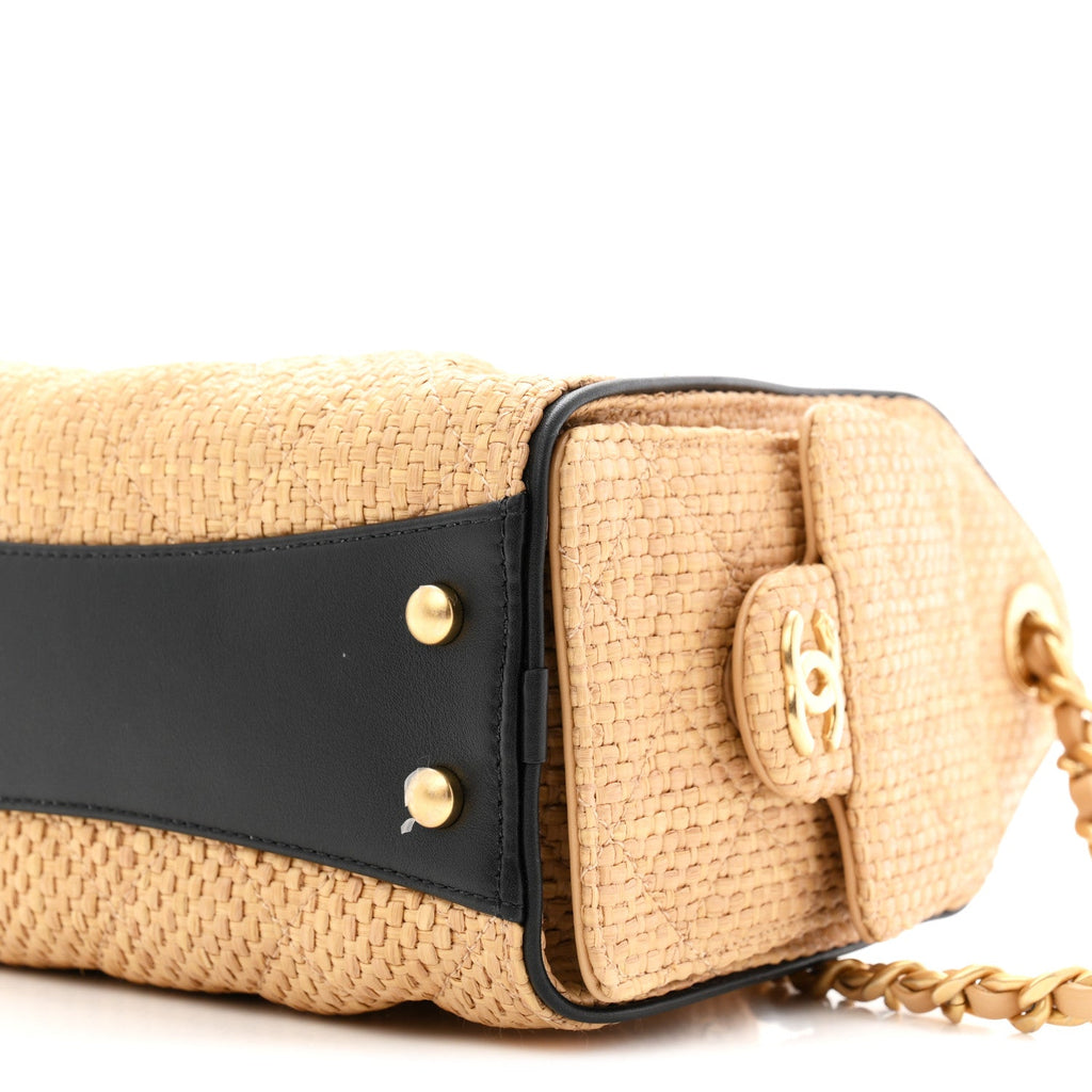 Braided Raffia Calfskin Quilted Mini Chanel 25 Handbag Beige Black