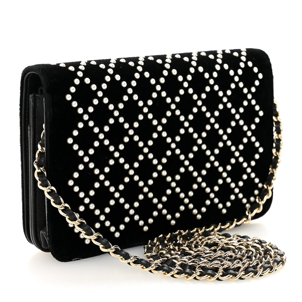Velvet Pearl Diamond Embellished Wallet On Chain WOC Black