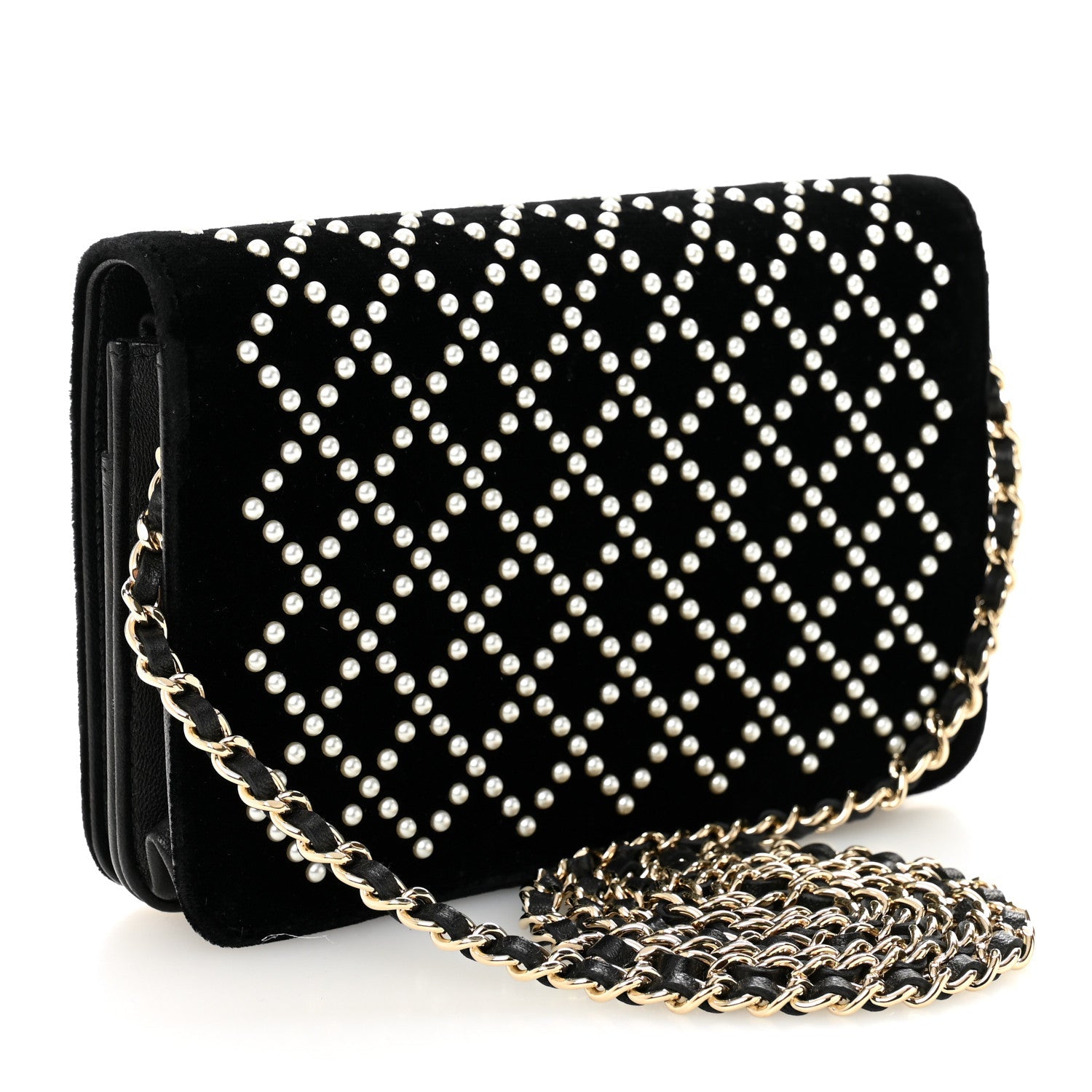 Velvet Pearl Diamond Embellished Wallet On Chain WOC Black