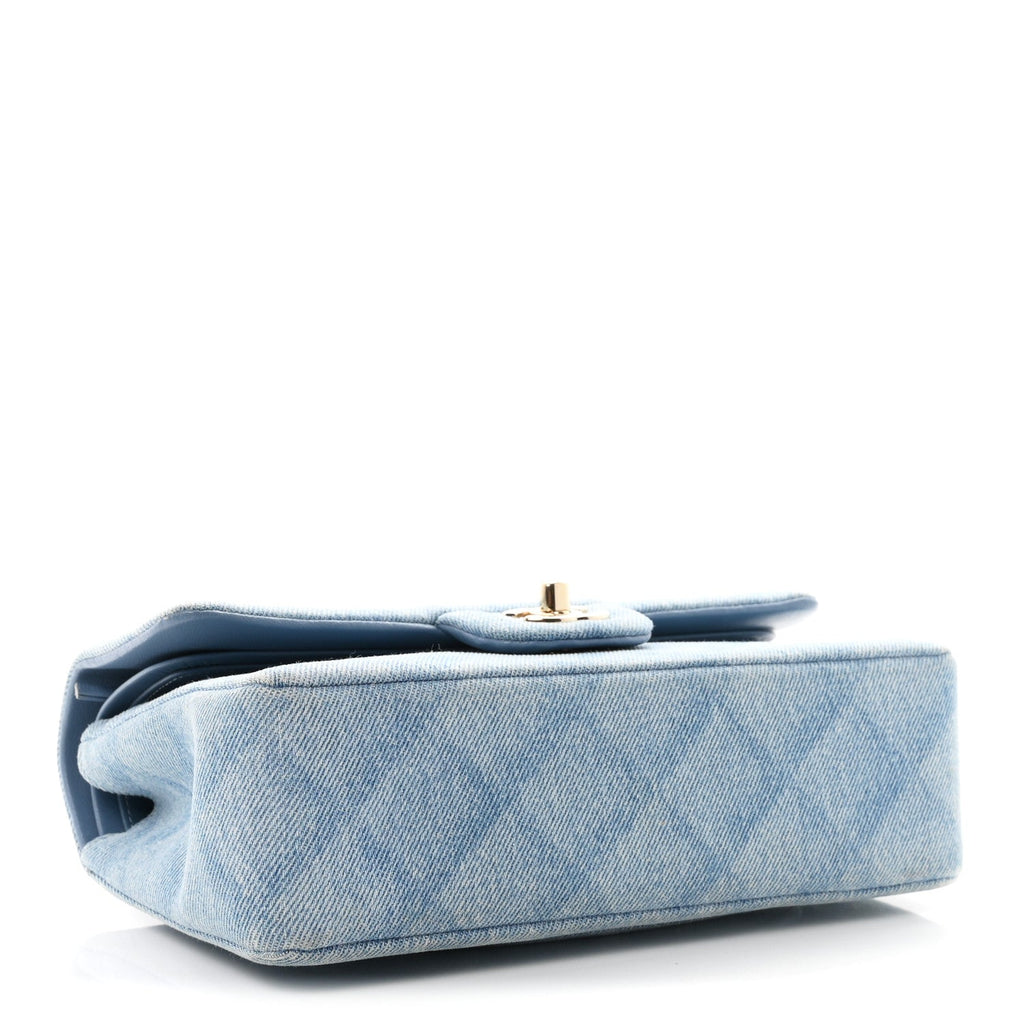Printed Denim Quilted Small Double Flap Light Blue