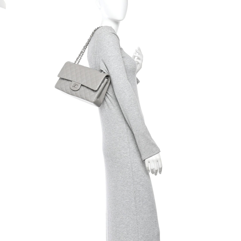 Lambskin Quilted Medium Double Flap Grey