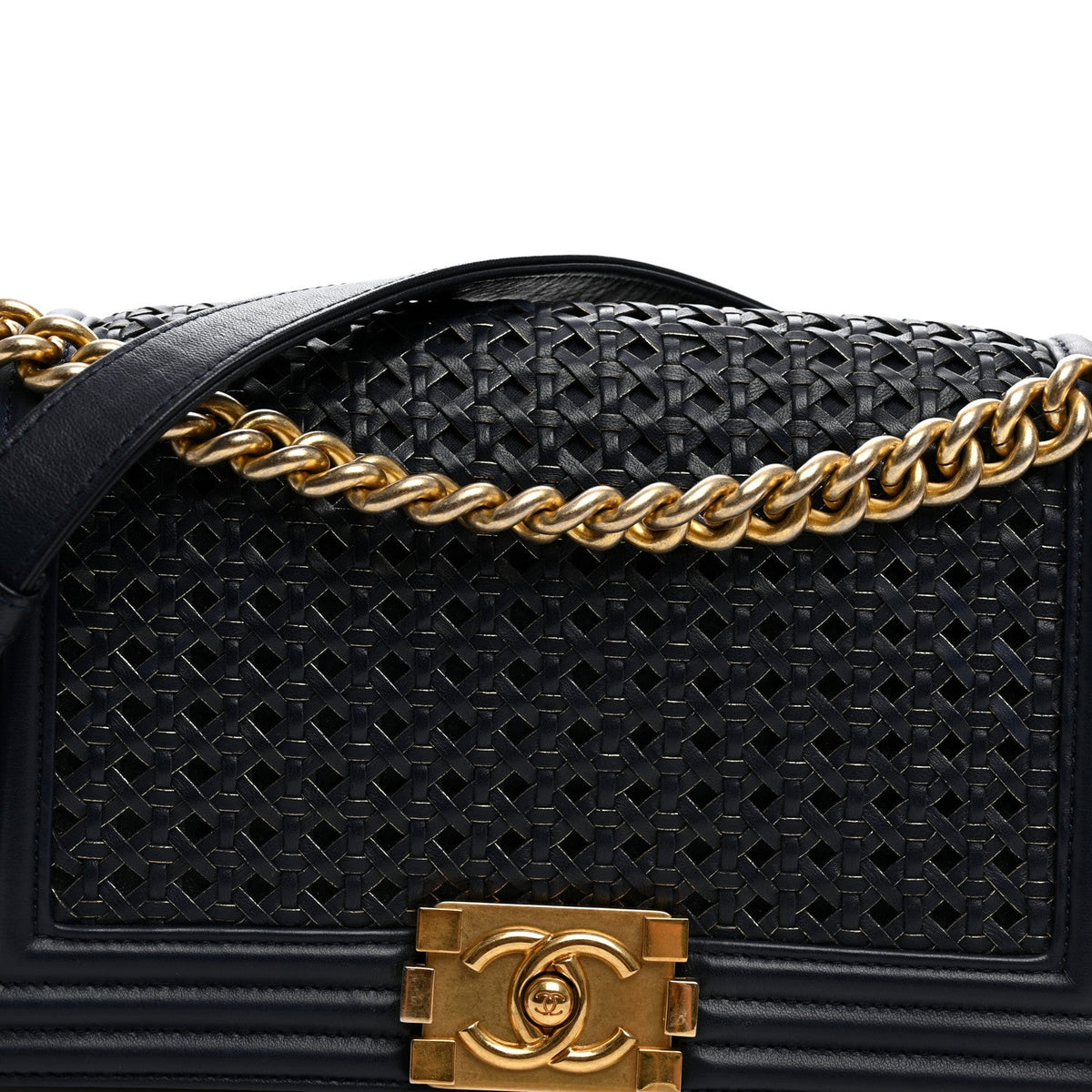 Lambskin Braided Woven Medium Boy Flap  Navy