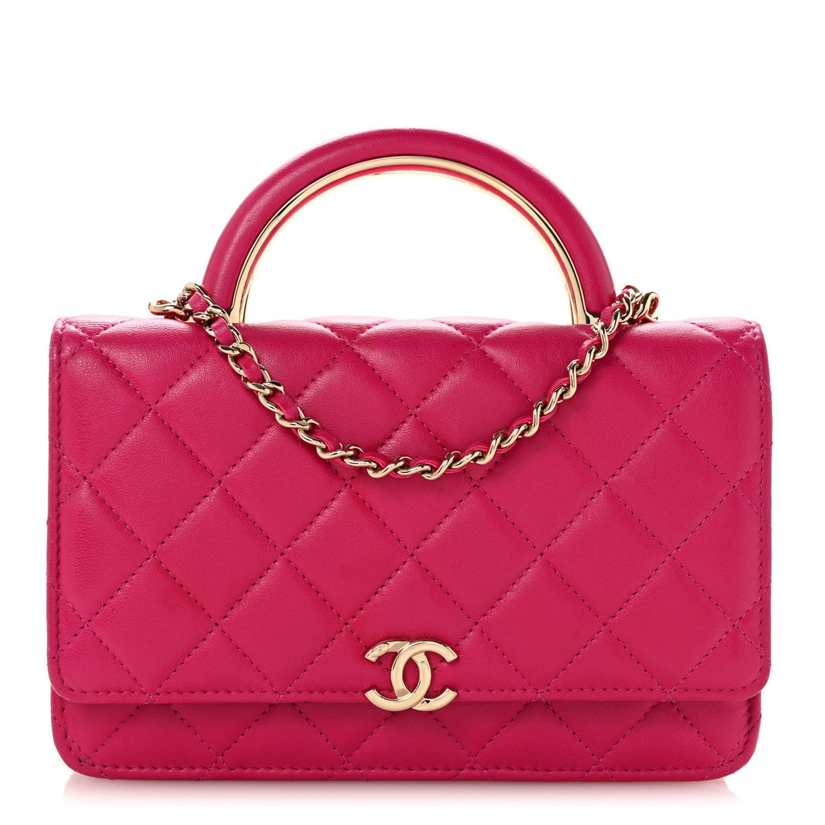Lambskin Quilted Top Handle Wallet On Chain WOC Pink