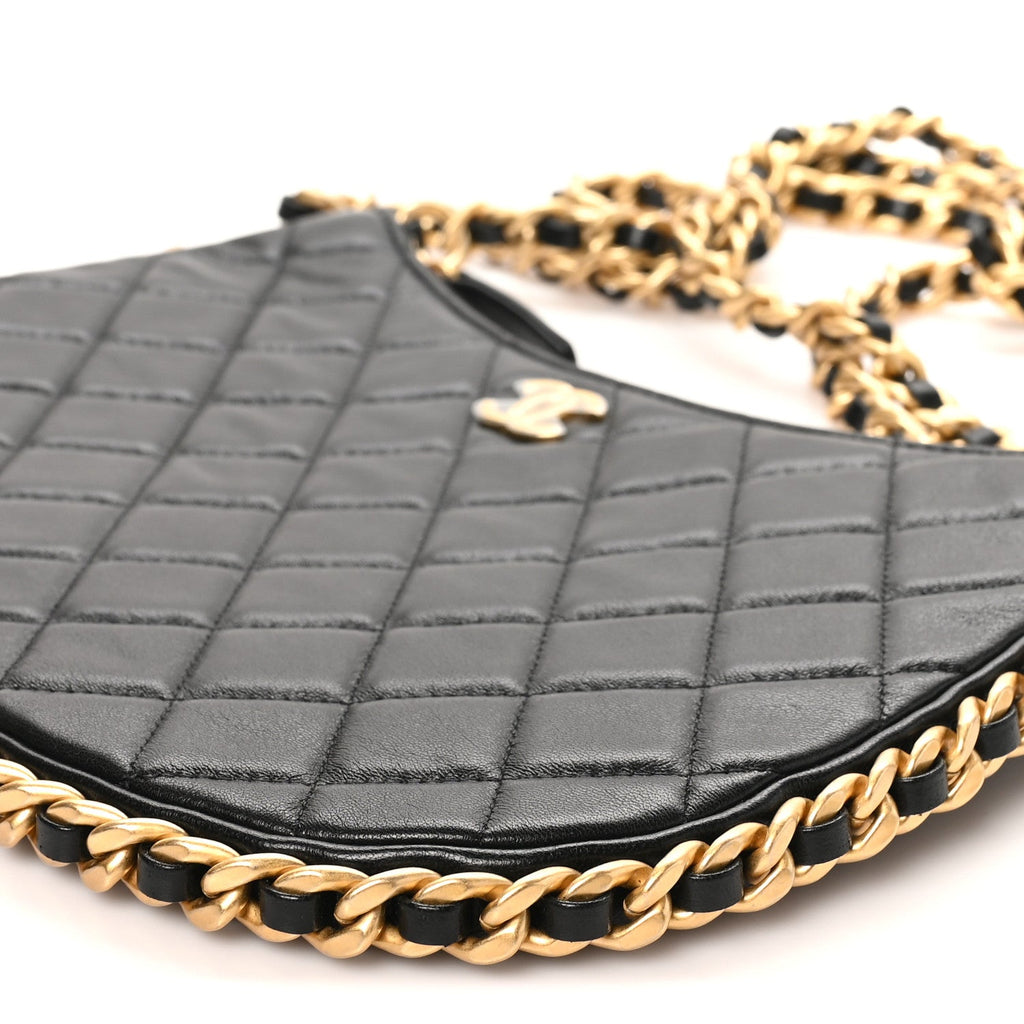 Shiny Crumpled Lambskin Quilted Large Trendy Chain Around Hobo Black