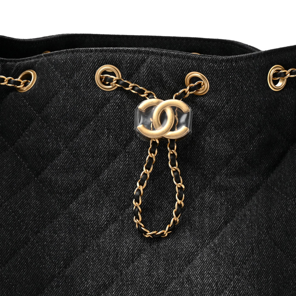 Washed Denim Quilted Medium Chanel 25 Handbag Black