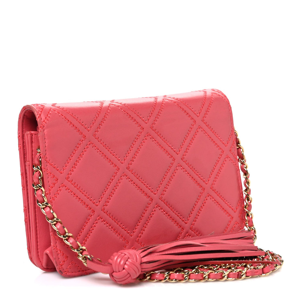 Lambskin Quilted Double Stitch Tassel Wallet On Chain WOC Pink