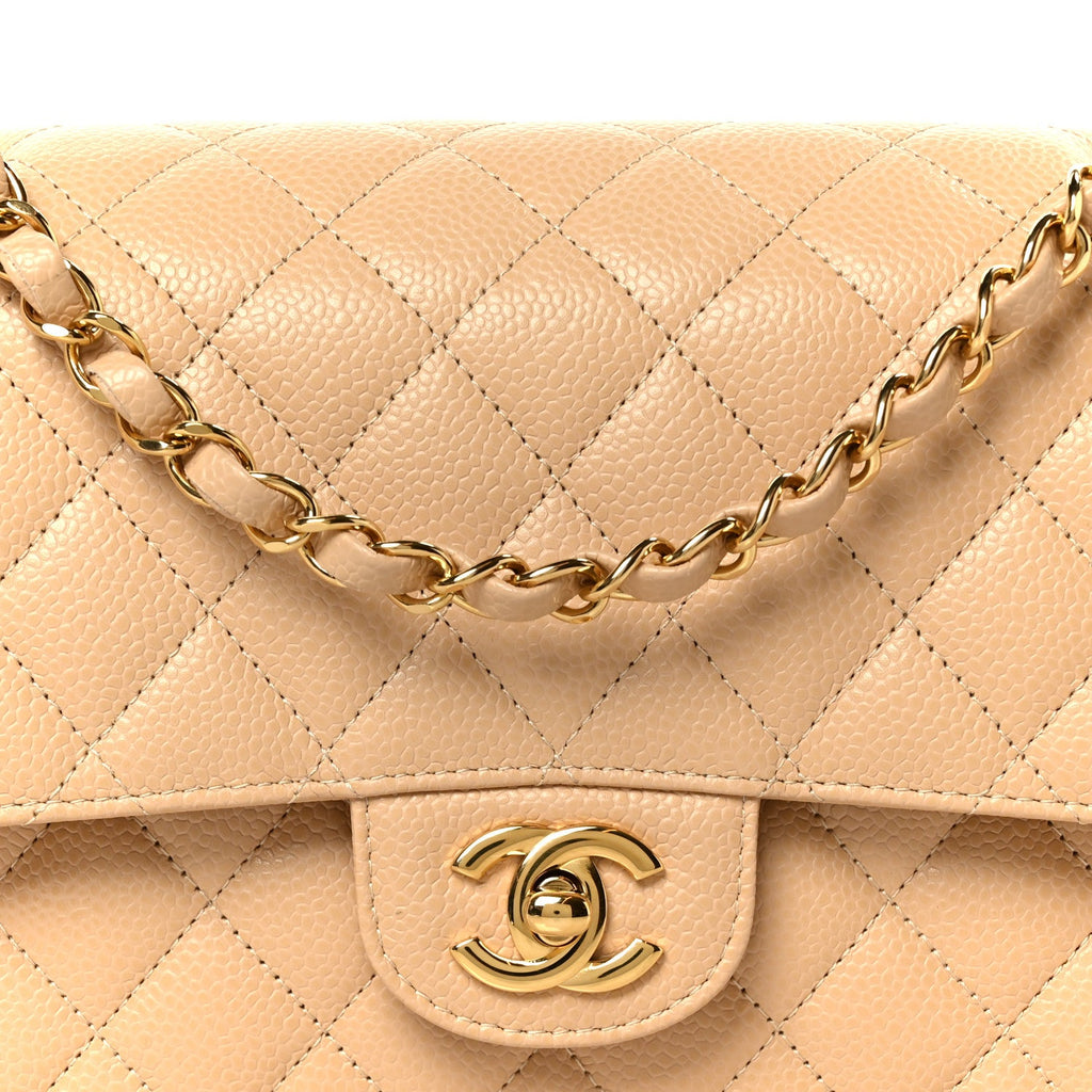 Caviar Quilted Medium Double Flap Beige