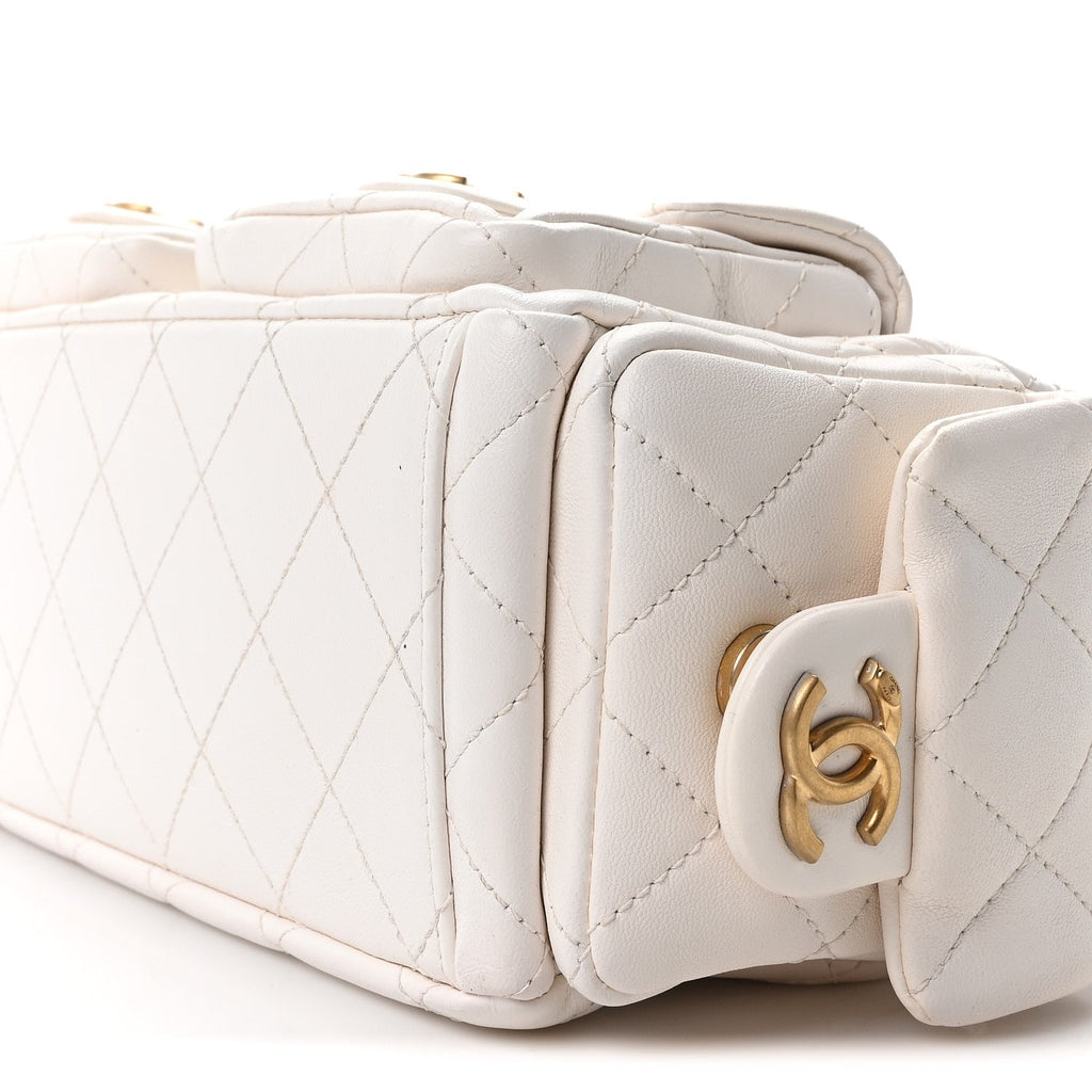 Shiny Lambskin Quilted Trendy Pockets Hobo White