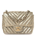 Metallic Crumpled Calfskin Chevron Quilted Mini Square Flap Gold